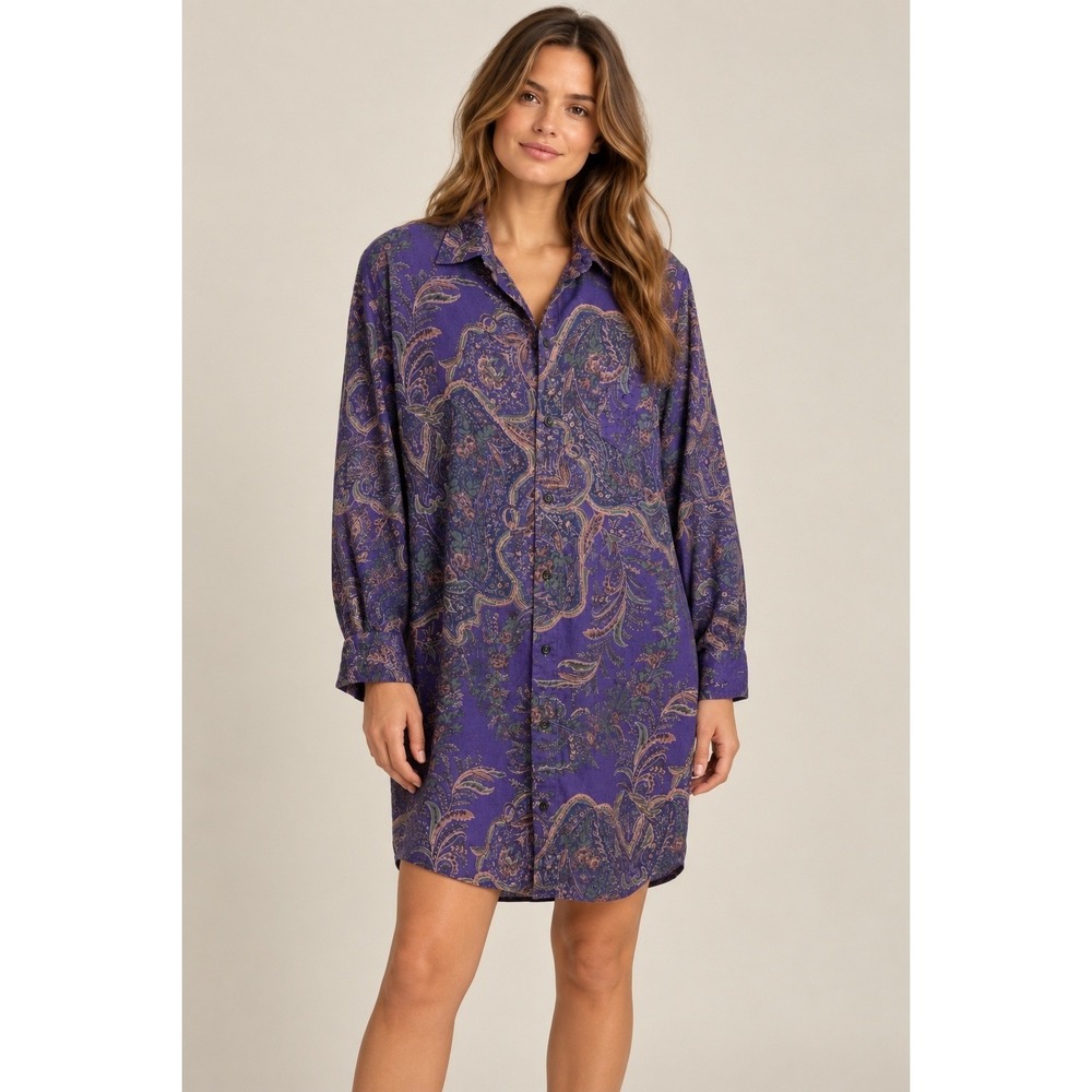 Lauren Ralph Lauren Purple Paisley Flannel Button Down Sleep Shirt, Medium